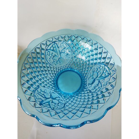 Vintage Aqua Blue Waffle Della Robbia Fruit Panel Glass Punch or Serving Bowl - Picture 9 of 16